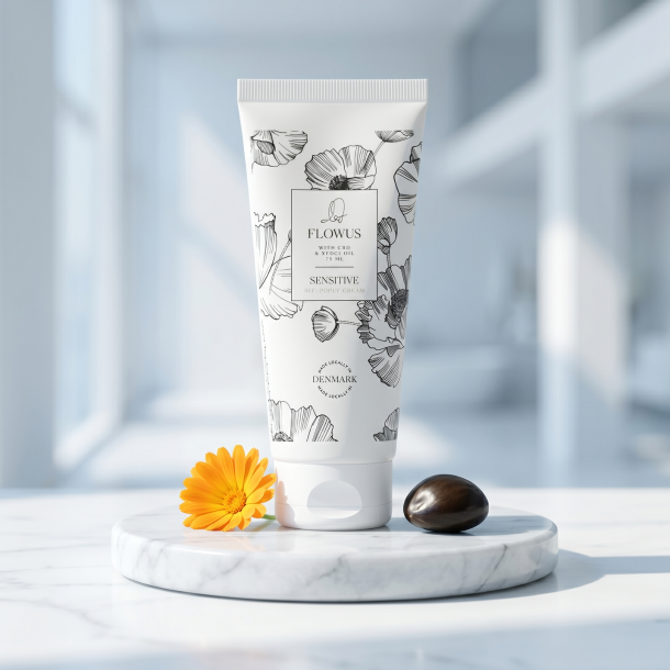 Flowus Sensitive CBD specialcreme pr�senteret p� hvidt marmor omgivet af en orange morgenfrue og en eksotisk kukui-n�d.