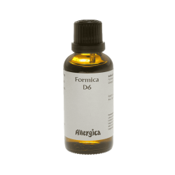 En klassisk m�rkebrun apoteker-glasflaske fra Allergica. Etiketten har et roligt, klinisk og stilrent hvidt/gr�t design med navnet Formica D6 tydeligt centreret. Flasken indeholder 50 ml dr�ber og har en indbygget dr�bet�ller i toppen.
