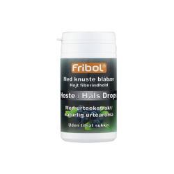 Opretst�ende hvid Fribol Hoste/Hals Drops d�se. Etiketten er m�rk gr�/gr�n med en orange Fribol-kasse, og nederst et fotografi af friske, m�rkebl� bl�b�r med gr�nne blade.