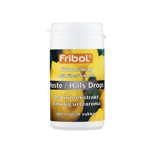 Opretst�ende hvid Fribol Hoste/Hals Drops d�se. Etiketten har en orange Fribol-kasse, et sort b�nd og et billede af friske, modne og gule citroner.