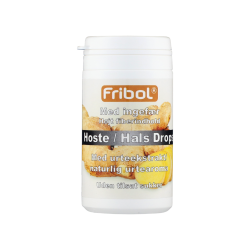 Opretst�ende hvid Fribol Hoste/Hals Drops d�se. Etiketten har en orange Fribol-kasse, et sort b�nd og et billede af friske, tykke skiver af ingef�rrod.