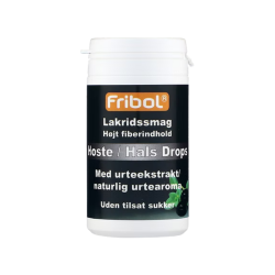 Opretst�ende hvid Fribol Hoste/Hals Drops d�se. Etiketten er sort med en orange Fribol-kasse, hvid tekst og et lille billede af lakridsstykker og friske gr�nne blade i hj�rnet.