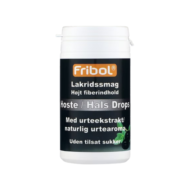 Opretst�ende hvid Fribol Hoste/Hals Drops d�se. Etiketten er sort med en orange Fribol-kasse, hvid tekst og et lille billede af lakridsstykker og friske gr�nne blade i hj�rnet.