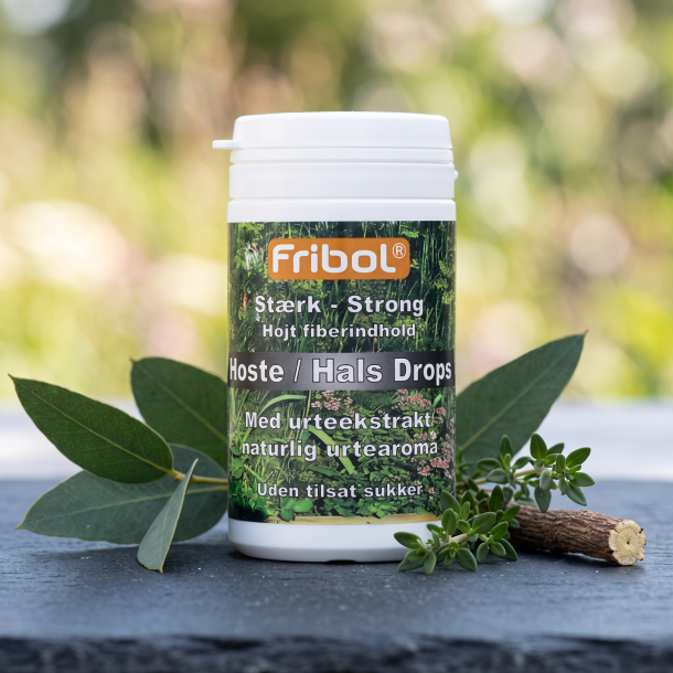 N�rbillede af den hvide og m�rkegr�nne Fribol Original St�rk d�se, st�ende skarpt p� en rustik stenplade. Friske, m�rkegr�nne eukalyptusblade, sm� timiankviste og en r� lakridsrod ligger smukt spredt foran d�sen i et k�ligt, naturligt lys.