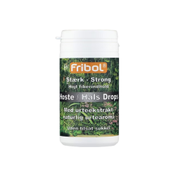 Opretst�ende hvid Fribol Hoste/Hals Drops d�se. Etiketten er dekoreret med et m�rkegr�nt naturmotiv af urter og blade samt en orange Fribol-kasse.