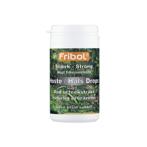 Opretst�ende hvid Fribol Hoste/Hals Drops d�se. Etiketten er dekoreret med et m�rkegr�nt naturmotiv af urter og blade samt en orange Fribol-kasse.