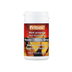 Opretst�ende hvid Fribol Hoste/Hals Drops d�se. Etiketten er ravgylden og dyb r�d med en orange Fribol-kasse, hvid tekst og en illustration af en bi i et varmt sk�r.