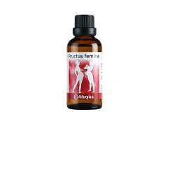 En klassisk m�rkebrun apoteker-glasflaske fra Allergica. Etiketten har en varm terrakottar�d baggrund med hvide silhuetter af to gravide kvinder, der str�ler af liv. Flasken indeholder 50 ml dr�ber og har en praktisk indbygget dr�bet�ller i toppen.