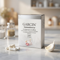 Midsona Garcin Hvidl�g �ske pr�senteret p� lyst gr�t marmor, ledsaget af et rent hvidl�gsfed og vegetabilske kapsler i et eksklusivt, lyst apoteker-milj�.