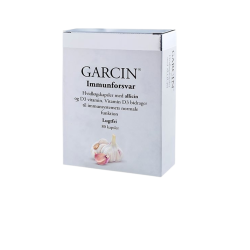 Midsona Garcin Hvidl�g 80 stk. Hvid �ske med s�lvtekst og et billede af hvidl�g, der fremh�ver indholdet af lugtfri allicin og D3-vitamin for immunsystemet.