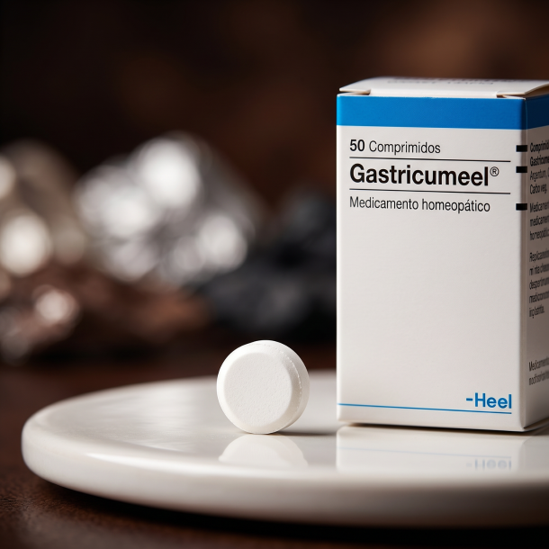 Et krystalklart makrobillede af en perfekt, struktureret og t�r hvid hom�opatisk tablet placeret sirligt p� en ren overflade ved siden af den realistiske Gastricumeel �ske fra Heel (helt uden pipetter, dr�bet�llere eller v�ske). Den bl�dt sl�rede baggrund kombinerer varme, dybe espresso-brune nuancer, bl�de s�lvglimt (Argentum) og m�rke tr�kul-toner (Carbo veg), som diskret og elegant repr�senterer den tyske farmaceutiske pr�cision og den dybe, groundende mineralske synergi af de 6 signaturer. Lyset er varmt, luksuri�st og indbydende, hvilket fremh�ver total GMP-renhed uden at virke for sterilt. Knivskarpt fokus.