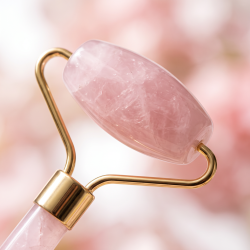 Gemstone Face Roller i �gte Rosakvarts med gyldne messingdetaljer og to massagehoveder.