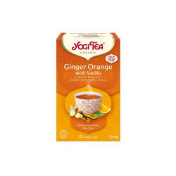 Den varmt orange �ske fra m�rket Yogi Tea Organic med teksten 'Ginger Orange with Vanilla'. P� forsiden ses en tekop, en oversk�ret appelsin, ingef�rrod og en vaniljestang.