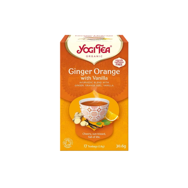 Den varmt orange �ske fra m�rket Yogi Tea Organic med teksten 'Ginger Orange with Vanilla'. P� forsiden ses en tekop, en oversk�ret appelsin, ingef�rrod og en vaniljestang.