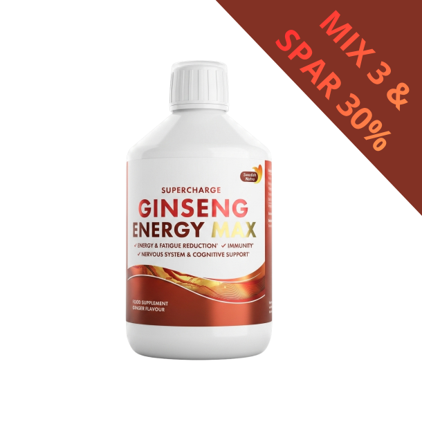 Swedish Nutra Ginseng Energy 500 ml &ndash; Hvid flaske med gr�nt label, flydende energi-tilskud med koreansk og sibirisk ginseng.