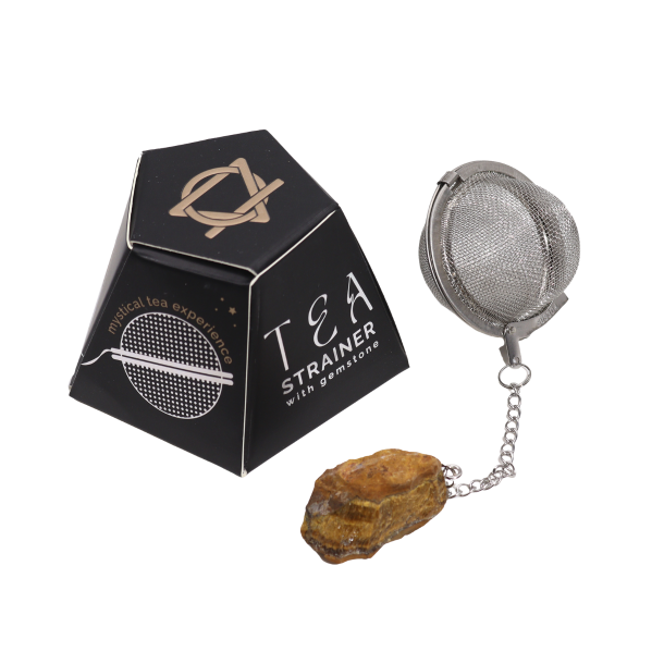 Te-�g i rustfrit st�l med r� tiger�je krystal i gave�ske.