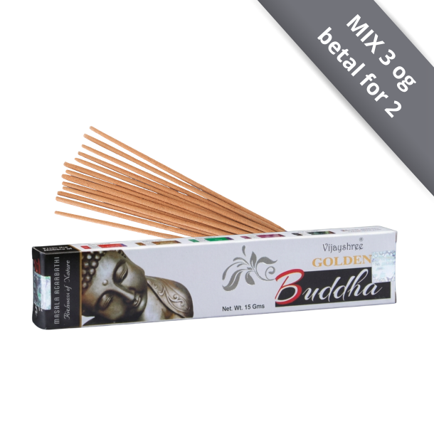 Golden Nag Buddha 15g eksklusiv r�gelse i hvid og gr� indpakning &ndash; H�ndrullede pinde fra Bangalore pr�senteret p� shoppen.