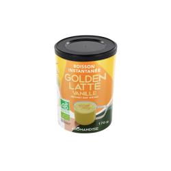 En gul og gr�n d�se med sort l�g fra m�rket Aromandise. Teksten p� d�sen siger 'Boisson Instantan�e Golden Latte Vanille, Instant Oat Drink' og viser et gr�nt �ko-m�rke.