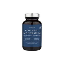 Nordbo Good Night Magnesium. En elegant m�rkebl� glasd�se med s�lvfarvet metall�g, der indeholder 90 veganske kapsler med letoptageligt magnesiumbisglycinat, kamille og B6-vitamin.
