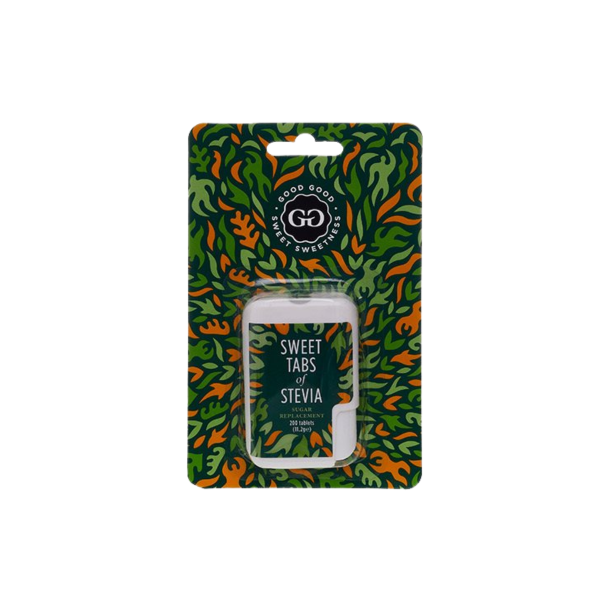 Good Good Sweet Tabs of Stevia 11g - s�detabletter. Praktisk hvid og gr�n dispenser med 200 kaloriefrie s�detabletter.