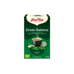 Den m�rkegr�nne �ske fra m�rket Yogi Tea Organic med teksten 'Green Balance'. P� forsiden ses en sort m�nstret tekop med asiatisk touch, omgivet af friskt citrongr�s, pebermynteblade og smukke hvide hyldeblomster.