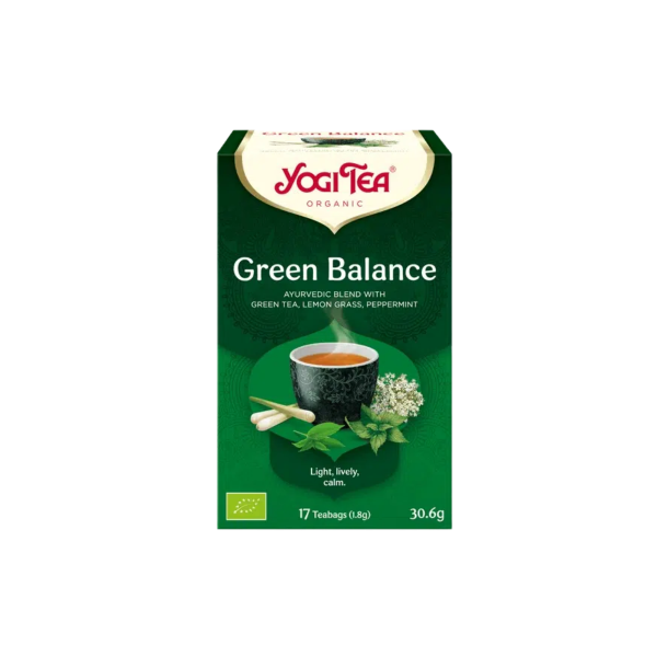 Den m�rkegr�nne �ske fra m�rket Yogi Tea Organic med teksten 'Green Balance'. P� forsiden ses en sort m�nstret tekop med asiatisk touch, omgivet af friskt citrongr�s, pebermynteblade og smukke hvide hyldeblomster.