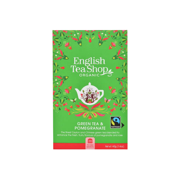 Lyser�d �ske fra English Tea Shop med Green Tea & Pomegranate, dekoreret med illustration af tekande og granat�ble. �kologisk og Fairtrade logo synligt.