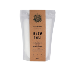 En stor hvid pose med 800g Greenman Rituals Bath Salt. Posen har en flot, rustik brun etiket med et ansigt lavet af blade og teksten '100% Natural Pure Epsom Bath Salt Magnesium'.