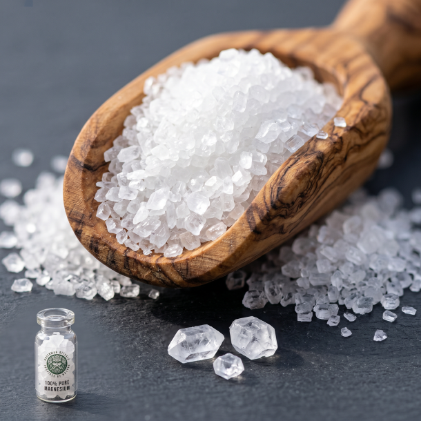 Et n�rbillede af krystalklart, rent snehvidt Epsom salt i en flot, rustik tr�ske. Sm� hvide saltkrystaller ligger spredt p� en r� stenoverflade badet i lyst, naturligt dagslys.