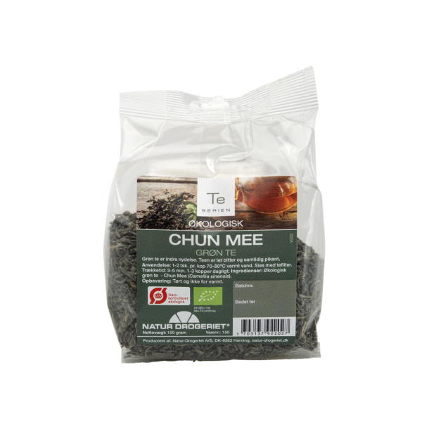 Natur-Drogeriet �kologisk Gr�n te - Chun Mee 100 g i gennemsigtig pose med t�rrede gr�nne teblade hos Helseservice.