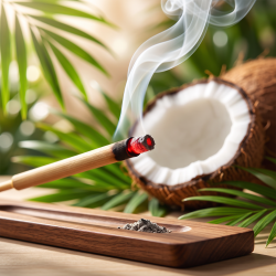 Makrobillede af gl�den p� en r�gelsespind med bl�d r�g, omgivet af en oversk�ret, frisk kokosn�d og tropiske blade i baggrunden.