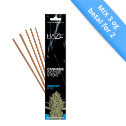 Sort �ske med HAZE Cannabis Incense Sticks i duftvarianten Coconut Kush med bl� og hvide detaljer.