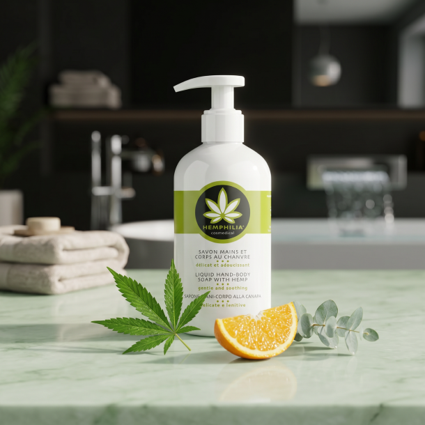 Hemphilia pumpeflaske med h�nds�be anrettet p� lysegr�nt marmor med et friskt hampeblad, eukalyptus og appelsin i et luksuri�st spa-badev�relse.