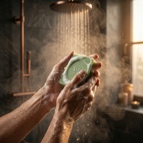 Close-up af detaljerede v�de h�nder, der skummer en gr�n bar s�be under kaskader af vand fra en bronze rainfall-bruser. Scenen er indhyllet i modlys damp, der skaber en varm, stemningsfuld atmosf�re i et badev�relse med t�ndte stearinlys.