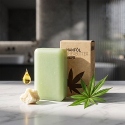 Hanf Natur lysegr�n s�bebar anrettet p� lyst marmor med rustik pap�ske, omgivet af r�t sheasm�r og et frisk hampeblad i et minimalistisk, plastfrit badev�relse.