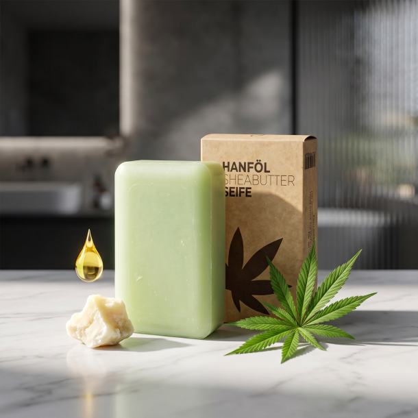 Hanf Natur lysegr�n s�bebar anrettet p� lyst marmor med rustik pap�ske, omgivet af r�t sheasm�r og et frisk hampeblad i et minimalistisk, plastfrit badev�relse.