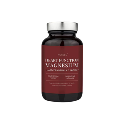 Nordbo Heart Function Magnesium. En m�rker�d og eksklusiv glasd�se med s�lvfarvet l�g, som indeholder 90 veganske kapsler med magnesiumtaurat, mangoekstrakt og thiamin for hjertets normale funktion.