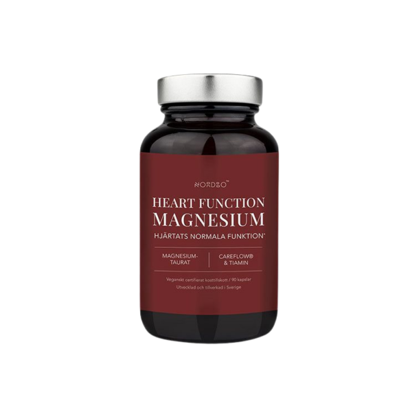 Nordbo Heart Function Magnesium. En m�rker�d og eksklusiv glasd�se med s�lvfarvet l�g, som indeholder 90 veganske kapsler med magnesiumtaurat, mangoekstrakt og thiamin for hjertets normale funktion.