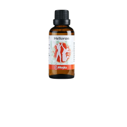 Allergica Helioron 50 ml flaske med hvidt m�rkat og gyldne/lysebl� detaljer. Dansk h�ndpotenseret hom�opati.