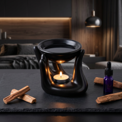Den sorte keramiske 'Helping Hand' duftlampe pr�senteret p� en m�rk skiferplade, smukt oplyst af et fyrfadslys og omgivet af r�t sandeltr� i et elegant, moderne milj�.