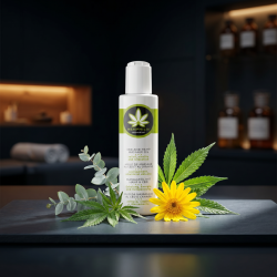 Hemphilia massageolie pr�senteret p� en m�rk flodsten omgivet af gr�nne hampeblade, frisk eukalyptus og gule arnika-blomster i et varmt spamedl�b.