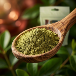 Et krystalklart makrobillede af en rustik, h�ndsk�ret tr�ske, der rummer en perfekt bunke af fintmalet, jordagtigt gr�nt plantepulver (henna). Den bl�dt sl�rede baggrund kombinerer dybe, naturlige gr�nne blade med rige, varme kobber- og mahognir�de farvestrejf. I baggrunden anes silhuetten af den lille lysegr�nne 100g pose fra Natur Drogeriet. Lyset er varmt, indbydende, og udstr�ler absolut botanisk renhed, naturlig sk�nhed og kemifri h�rpleje.