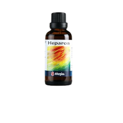 Allergica Heparon 50 ml flaske med hvidt m�rkat og m�rkegr�nne detaljer. Dansk h�ndfremstillet antroposofisk l�gemiddel med Marietidsel.