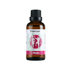 En klassisk m�rkebrun apoteker-glasflaske fra Allergica. Etiketten har en i�jnefaldende r�drosa cirkel med hvide silhuetter af glade, aktive mennesker over en botanisk baggrund. Flasken indeholder 50 ml H�ron dr�ber og har en indbygget dr�bet�ller.