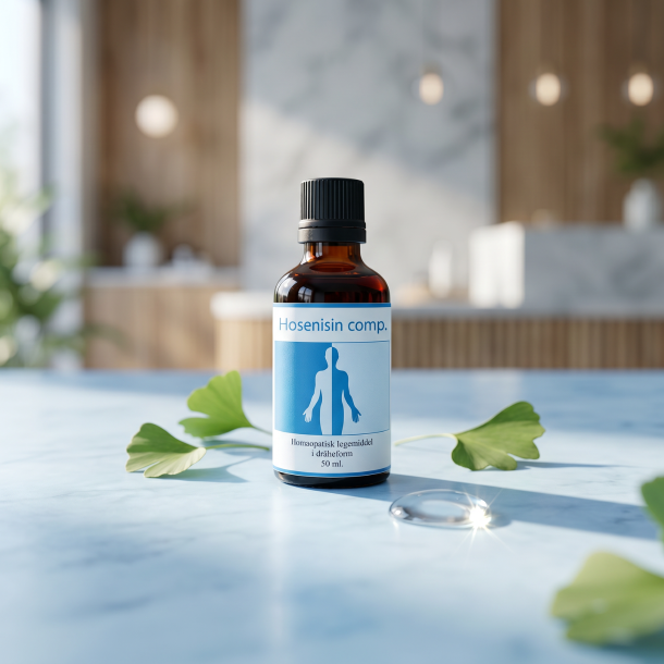 Holistica Medica Hosenisin comp dr�ber pr�senteret p� lyst lysebl�t marmor, ledsaget av friske gr�nne tempeltr�sblade i et lyst, skandinavisk klinik-milj�.