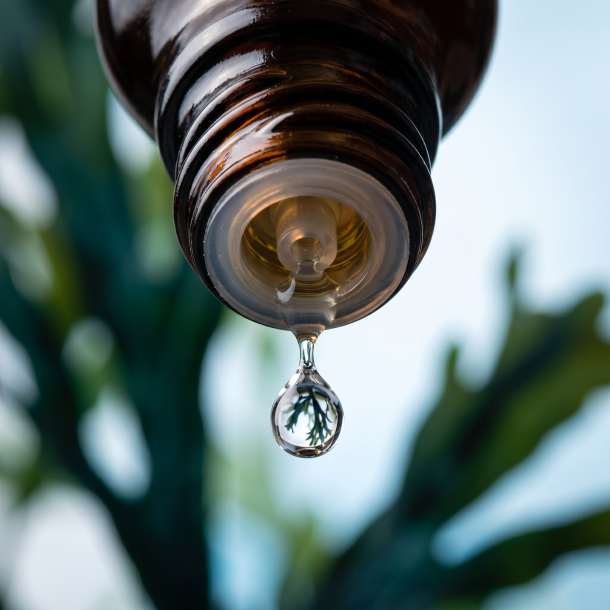 Et krystalklart makrobillede af en perfekt, balancerende vanddr�be, der falder fra den indbyggede dr�bet�ller p� en 1:1 realistisk m�rk ravfarvet glasflaske. Den bl�dt sl�rede baggrund kombinerer rene, medicinske lysebl� og hvide nuancer med sarte dybhavsgr�nne glimt (Fucus Vesiculosus/Tang). Lyset er ekstremt klart, harmoniserende, og udstr�ler absolut forl�sning af indre stagnation, metabolisk balance og holistisk pr�cision.