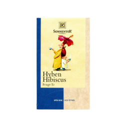 Sonnentor Hyben Hibiscus frugtte. En smuk, cremegul og bl� �ske med Sonnentors klassiske, fantasifulde illustration af en person med en r�d hibiscusblomst som hat.