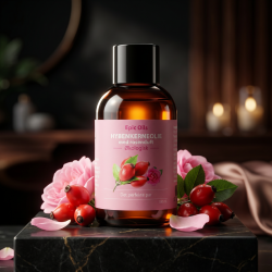 Epic Oils hybenkerneolie pr�senteret p� m�rkt marmor omgivet af friske r�de hybenb�r og bl�de rosenblade fra Damaskenerrosen.