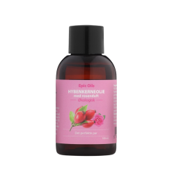 Epic Oils �kologisk Hybenkerneolie med rosenduft. M�rk 100 ml flaske med lyser�d etiket, illustreret med r�de hyben og en pink rose.