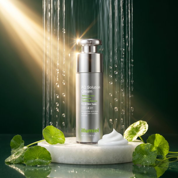 Luksus K-Beauty Illumiel AC Solution Cream udstillet p� poleret hvid jade omgivet af dugfriske Centella blade i gyldent sollys.